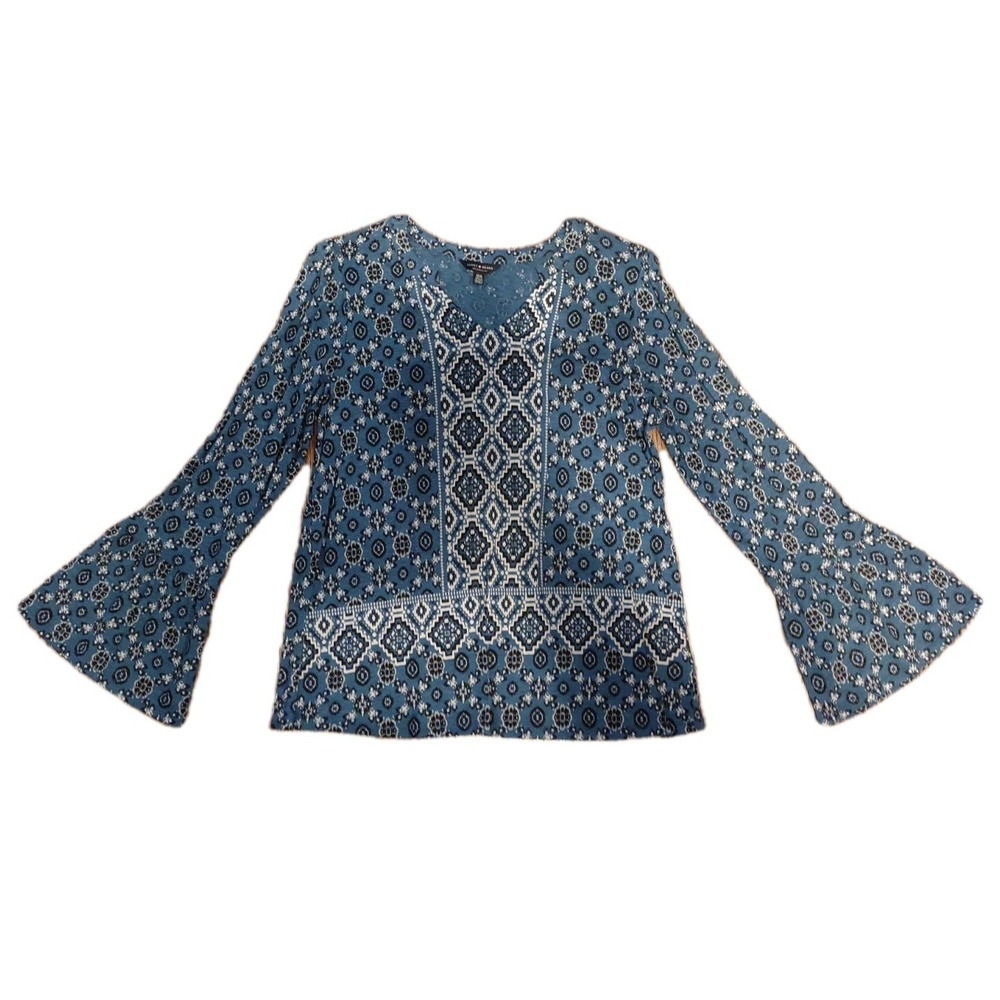 Lucky Brand Boho Bell Sleeve Top Blue Medallion Print V-Neck Shirt Women's M